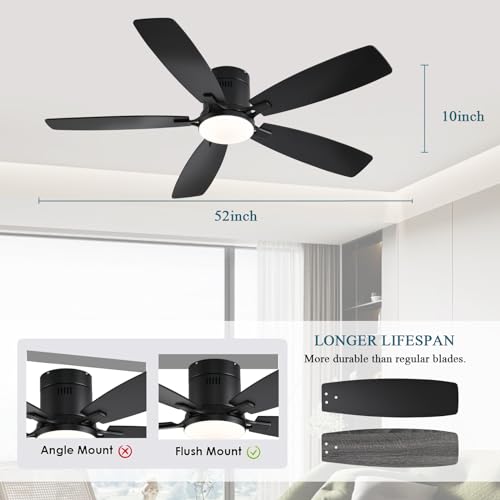 52 Low Profile Ceiling Fan with Light, Remote Control, Reversible Motor - Black