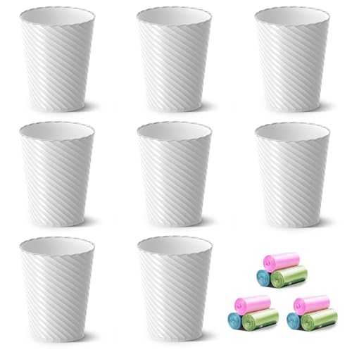 Image of Lysam Bathroom Trash Can, 8 Pack 1.8 Gallons Small Trash Can with Trash Bags, Bathroom Garbage Can, Plastic Trash Bin, Round Waste Basket for Bedroom, Office, Kitchen, Room, Compact Space (White)