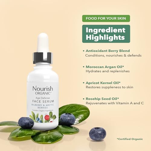 Nourish Organic Face Serum, Bilberry & Arctic Berries – Age Defense Formula with Vitamin C and Vitamin A, 0.7 Oz + Washable Cotton Round