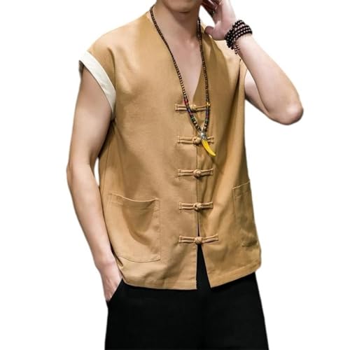 Gilet en lin homme col rond au style chinois et coupe ample épurée