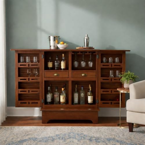 Image of APRODZ Mango Wood Downer Bar Cabinet with Wine Glass Storage for Living Room, Standard Brwon Finish