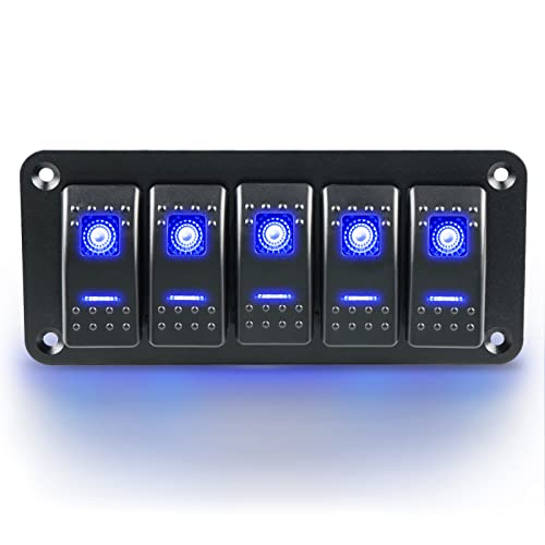 WATERWICH Rocker Switch Panel 5 Gang Marine Car Boat Aluminum 5 Pin On/Off Toggle Switches with Night Glow Stickers for RV Truck Vehicle