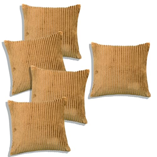 Image of RD TREND Cushion Cover Set of 5, Decorative Sofa Living Room Home Square Cushion Covers 16 Inch x 16 Inch, Aesthetic Corduroy Striped Double Sided (Mustard,Pack of 5)