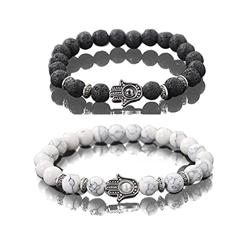 KIKILA 2Pcs Set Handmade Elastic 6mm Beads Hamsa Bracelet Natural Stone Evil Eye Hamsa Fatima Hand Charm Beaded Couples Bracelets Kabbalah Bracelet