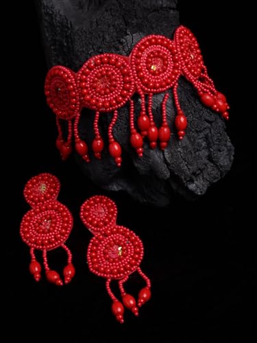 Juego de joyas hechas a mano rojas de latón estilo artesanal S 2