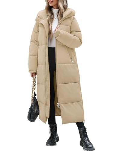 Vancavoo Wintermäntel Damen Lang Winterjacke Winter Daunenmantel Warm Steppmantel Jacke Mäntel Winterparka Daunenjacke mit Kapuze,Hellbeige,M