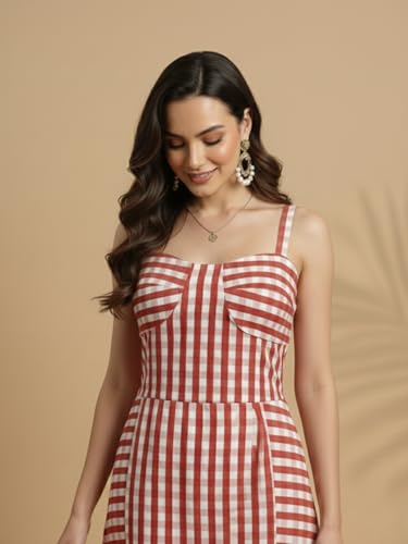 Image of Aahwan Fit and Flare Red Gingham Check Shoulder Ties Slim Fit Midi Cami Dress for Women's & Girl's