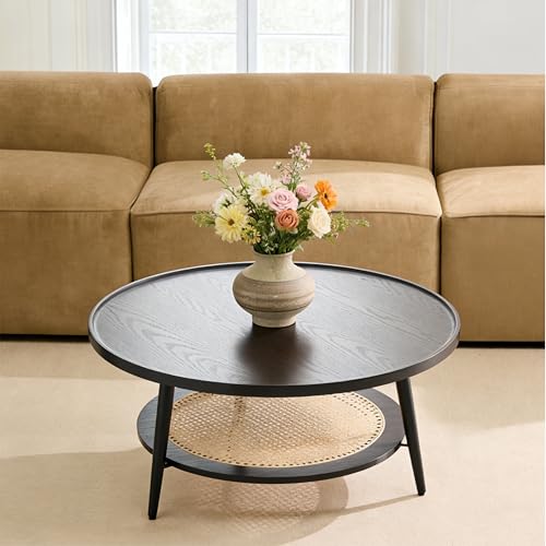 Saint Mossi Wood and Rattan Coffee Table for Living Room, Mid Century Modern Round Coffee Table, 2-Tier Boho Center Table for Small Space, Black Wood and Rattan Top, W31xH15