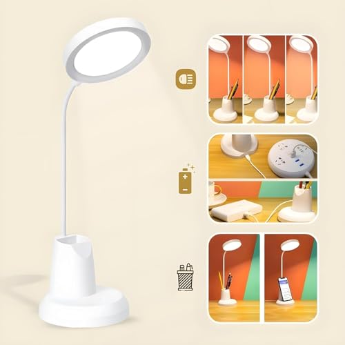 Image of Kimee LED Study Light for Desk with Stationery Organizer & Mobile Holder - Cordless Table Lamp for Students & Work from Home - 3 Modes Eye Protection Reading Lamp (Round, Regular)