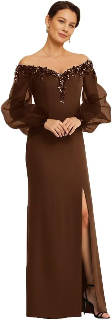 Laces Sequin Chiffon Mother of The Bride Dress for Women Side Split Off Shoulder Long Sleeves Wedding Guest Gown