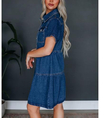Sexyshine Women's Button Down Denim Babydoll Dress Lapel Collar Short Sleeve Flowy Tiered Ruffle Jeans Midi Dress3
