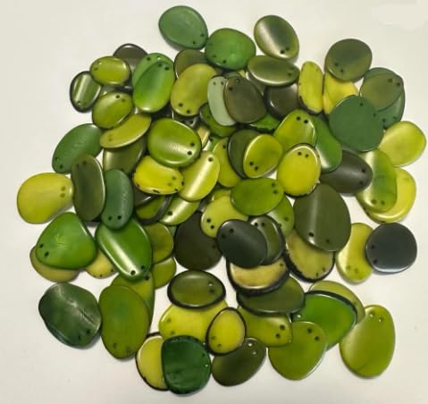 Tagua Beads. Mini Slices in Nail Shape. Green Slices, Beads, Chips in Mix of Green Colors. Top Drilled 2 Holes. 30 Pieces. Natural Jewelry