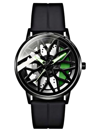 Image of Oculus Men's 3D Car Wheel Rotating Watch, Luxury Sport Quartz with Hollow Hub Dial, Magnetic Silicone Strap, Automotive-Inspired Design, Black Magnetic Straps