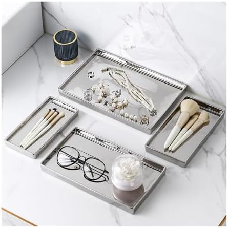 Electroplated Silver Jewelry Tray - Rectangular Organizer for Dresser, Stylish Household Storage for Rings, Necklaces, and Accessories (Large)