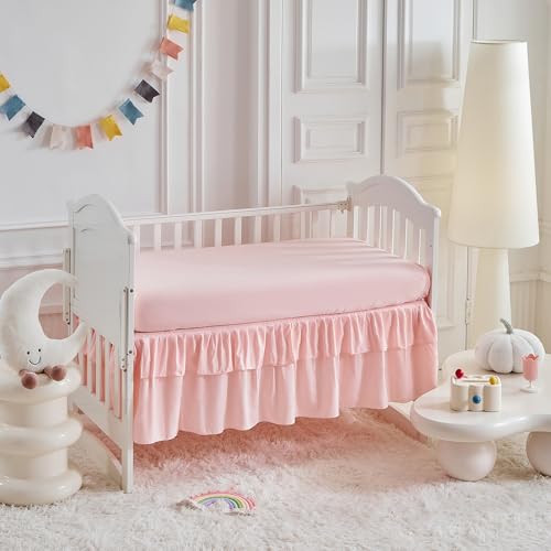 Image of Ruffled Crib Bedding Set Baby Boho Quilted Comforter with Fitted Sheet and Bed Skirt - Cute Soft Breathable Seersucker Ruffled Shabby Chic Bedding Soft Blanket Design - Light Pink
