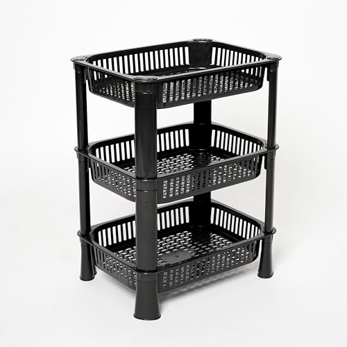 Image of THEODORE Plastic Vegetable Trolley Rack for Kitchen Storage Vegetable Organizer, Vegetable Stand for Kitchen Storage Racks for Office,Kitchen,Living Room, Fruits Onion Potato Stand (Black, 3 Layer)