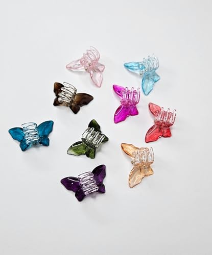 Image of Mini Butterfly Hair Clips, Multicolour Crystal Plastic, Pack of 9