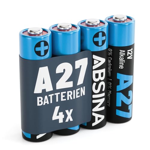 ABSINA 4X 27A 12V Batterie für Garagentoröffner und vieles mehr - Batterien A27 12 Volt Alkaline mini auslaufsicher & mit Langer Haltbarkeit