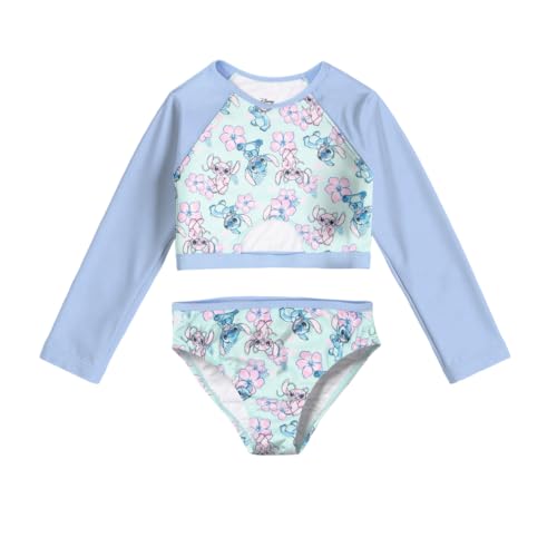 Image of Disney Lilo & Stitch Girls 2-Piece Swimsuit Set, Long-Sleeved Rash Guard and Bikini Bottoms, Quick-Drying Swimwear for Kids