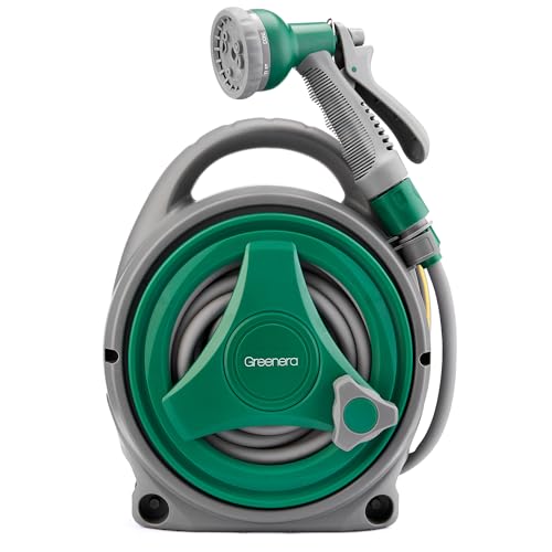 Avvolgitubo da giardino da 14 m, compatto e portatile, con 8 ugelli regolabili per pistola a spruzzo, avvolgitubo manuale retrattile per acqua da giardino, set di avvolgitubo flessibile per esterni
