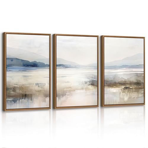 3 Pcs Abstrait Montagne Lacs Paysage Impression Sur Toile Avec Cadre, Nature Brumeux Bleu Blanc Paysage Tableau Decoration Murale Affiche Peintures Decoration...