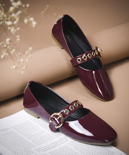 Image of JM LOOKS Modern Patent Mary Jane Flats Featuring Stylish Grommet Eyelet Straps and Adjustable Polished Metal Buckles