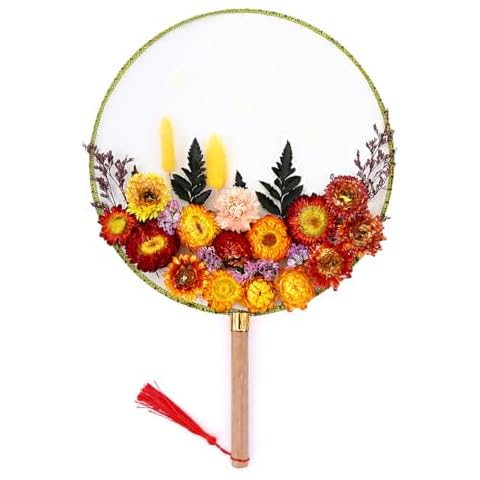 Giovacker Chinese Traditional Hand Fan Dry Flowers Silk Cloth Round Fan Adults Children DIY Craft Kit Classic Fan for Bride Festival Gifts Cover
