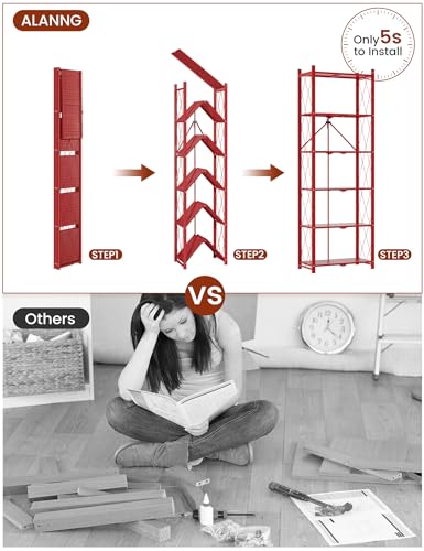 Image of ALANNG 73.6 Inch Folding Bookshelf, 6 Tier Metal Bookcase and Bookshelves | Tall Shelves for Living Room Office Bedroom, Heavy Duty Book Shelve Free Standing Open (Red, 1PACK)