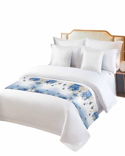 Twin Bed Runner Summer Blue Lake Blossom Floral Bedding Runner Scarves Decorative Bed Scarf, Watercolor Butterfly Soft Bedding Scarf for Bedroom Hotel Wedding 71x20in