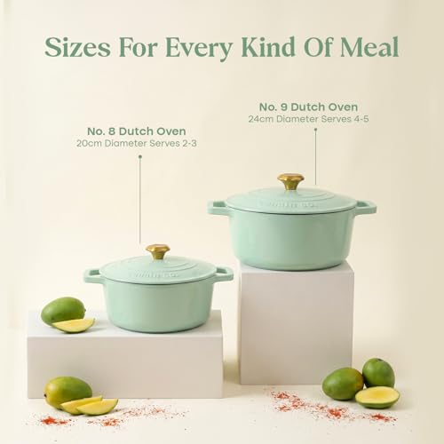 Image of CUMIN CO. Cast Iron Dutch Oven 4L, 24 cm | Induction Base Cookware | 10 Years Warranty | Non Toxic Non Stick Biryani Pot with Lid | Heavy Bottom | Chemical Free Coating | Free Accessories | Kairi (Mint)