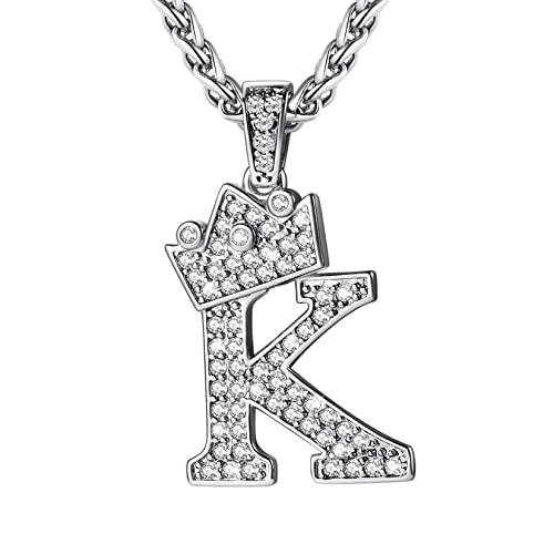 U7 Hip Hop A-Z Letter Pendant Men Women Stainless Steel Chain Bling Diamond Iced Out Crown Initial K Necklace 22-24 Inch #TOP16