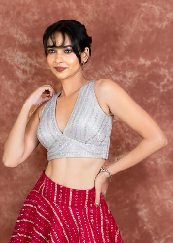 Image of FIGURE'S DESIGNER Women's Sequin Embroidered SabyaSachi Cut V Neck Sleeveless Readymade Saree Blouse E24