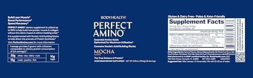 Image of BodyHealth PerfectAmino Powder - BCAA and EAA Powder for Pre and Post Workout - Amino Acid Energy Drink for Men and Women to Support Lean Muscle and Recovery - Mocha - 30 Servings