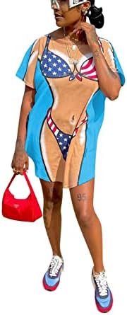 Elainone Women’s Summer Casual Crew Neck Loose Short Dress Sexy Fashion 2023 Print Beach Vacation T Shirt Swing Dress