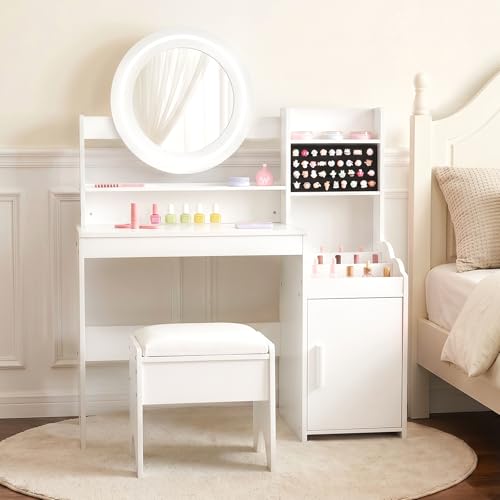 Image of INFANS Kids Vanity with Lights, Princess Makeup Desk with Mirror Storage Shelves, Toddler Table and Chair Set Pretend Play for Girls Aged 4-9 (Cream White)