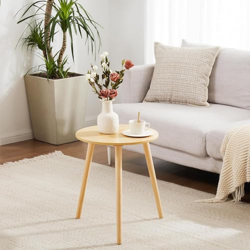 Image of END Table Side Table, Round Solid Wood End Table Coffee Table Flower Stand Small Spaces, Easy Assembly Modern Bedside Table (Full Natural)