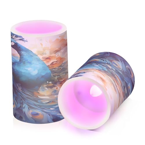 Image of ALAZA Peacock Flickering Flameless Candles Battery Operated with Remote Timer,Tea Light Candles LED Pillar Votive Candles Set of 2 for Outdoor Indoor Decorations