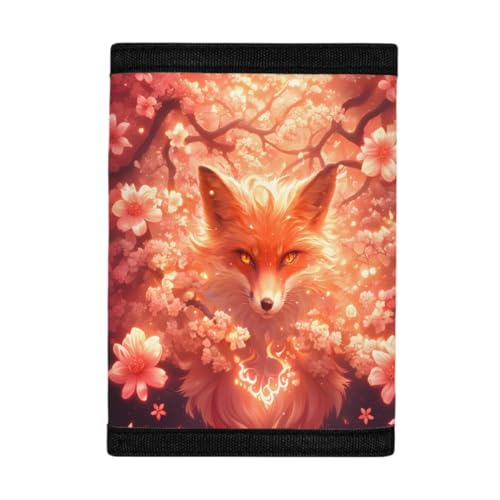 Kids Stylish Prints Trifold Wallet Teens Boys Girls Coin Case Lightweight Card Holder Moneybag Organizer,Sakura Tree and Fox