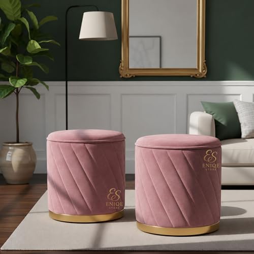 Image of ENIQE STORE Premium Velvet Ottoman Stool | Modern Round Pouffe with Gold Base | Multipurpose Seating | Living Room & Bedroom Decor (Pink Set of 2)