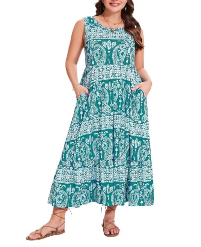 Image of Moon Wood Women's Plus Size Sleeveless Summer Dress Crewneck Tank Casual Flowy Maxi Dress with Pockets Vacation Outfits