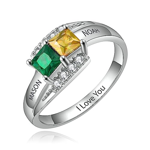 Sterling Silver Personalized mother rings with 2 birthstones promise ring name engraved jewelry for women