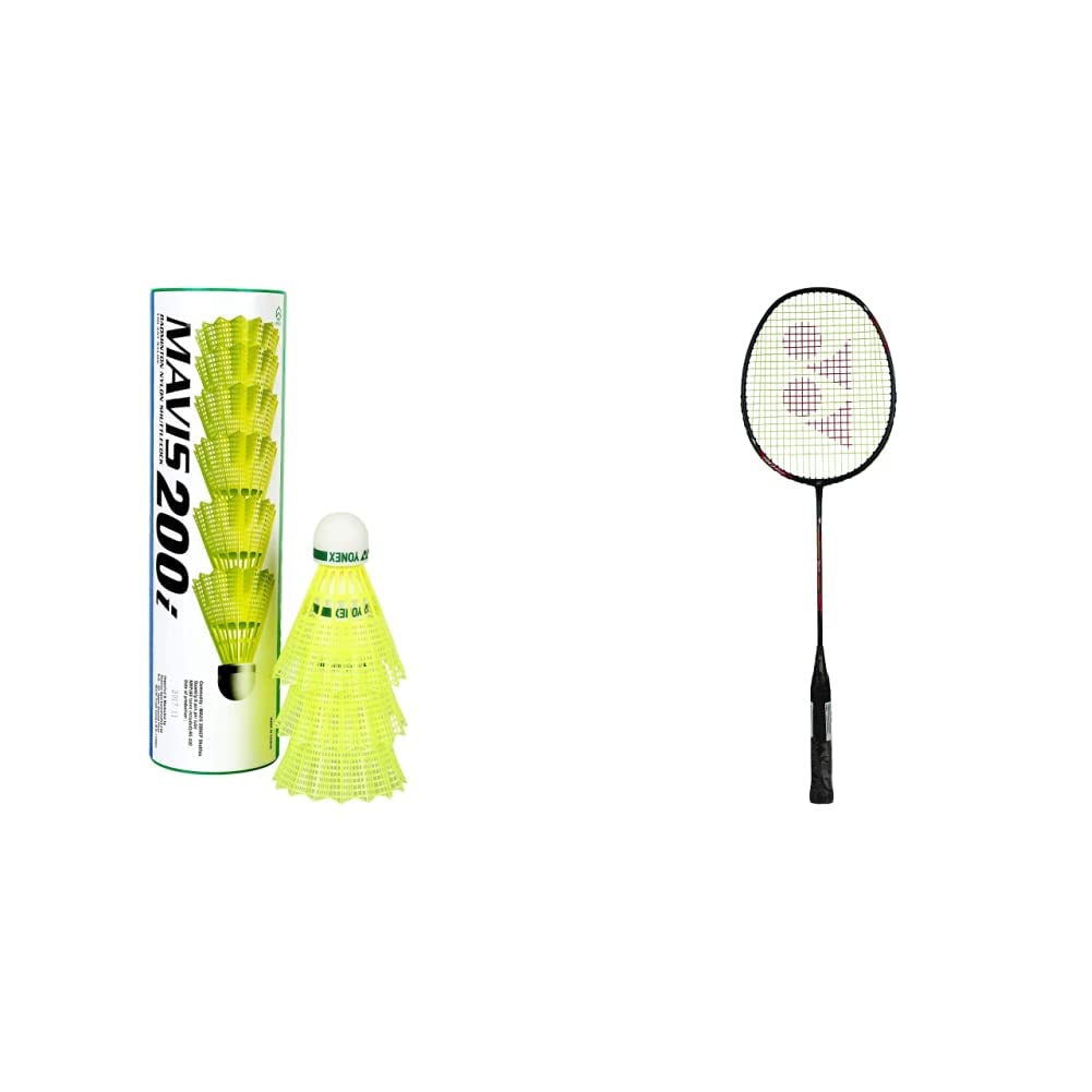 Yonex Mavis 200i Nylon Shuttle Cock, Pack of 6 (Yellow) & Nanoray 70 Light Graphite Badminton Racquet with Full Cover (77 Grams, 30 lbs Tension, Multicolour)
