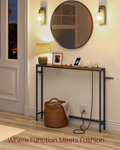Image of VASAGLE 39.4 inch Console Table, Narrow Behind Couch Table with Outlet | Sofa Table with 1 Hook, for Entryway, Living Room, Easy Assembly, Rustic Brown and Ink Black, BARNET Collection ULNT079K01