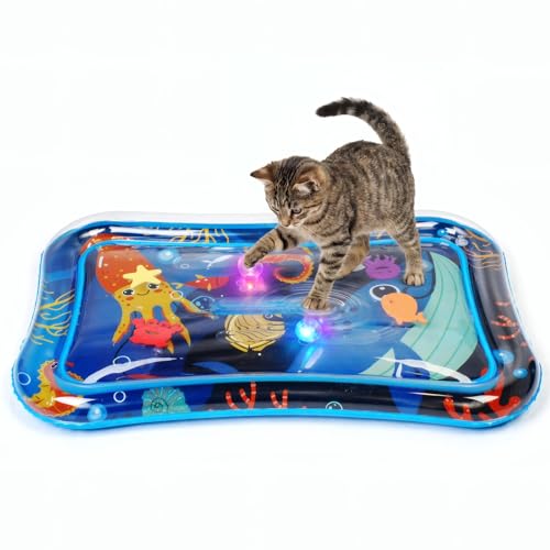 Pawfun Thickened Cat Sensory Water Play Mat, Interactive Aqua Cats Water Mat with Floating Fish and 2 Balls for Cats & Dogs, Indoor Pet Water Bed Play Mat