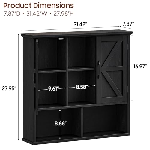 Image of Vabches Bathroom Wall Cabinet, Farmhouse Medicine Cabinet with Double Barn Door and Adjustable Shelves, Wooden Vintage Storage Cabinet Wall Mounted for Bathroom, Kitchen Dining, Rustic Black