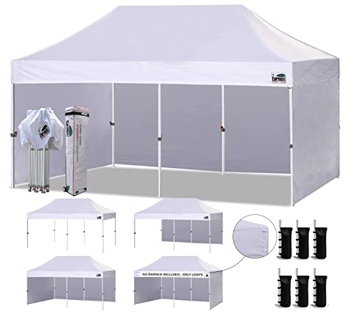 Eurmax USA 10'x20' Pop-up Canopy Tent Commercial Instant Canopies with 4 Removable Zipper End Side Walls and Roller Bag, Bonus 6 SandBags(White)