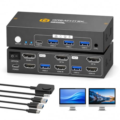 Image of GREATHTEK 8K@60HZ HDMI Displayport KVM Switch 2 Monitors 2 Computers | With 4 USB 3.0 Ports |For 2 PC /Laptops Share Mouse Keyboard and 2 Screens|EDID Adapative|Wired Controller