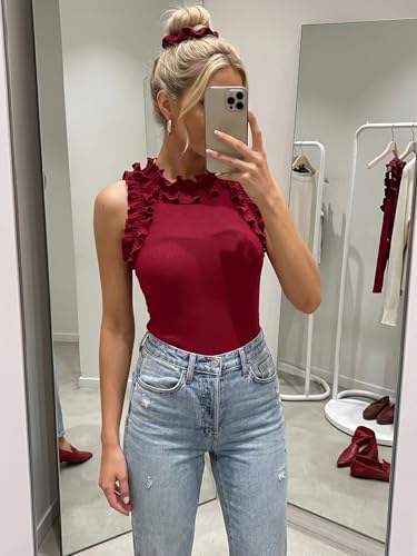 Image of WAYMAKER Women's Sleeveless Racer Back Ruffle Mock Turtle Neck Ribbed Bodysuit Tank Tops