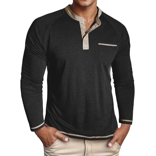 Camiseta Henley de manga larga para hombre, camisetas moderna con botones, parte superior ligera con bolsillo