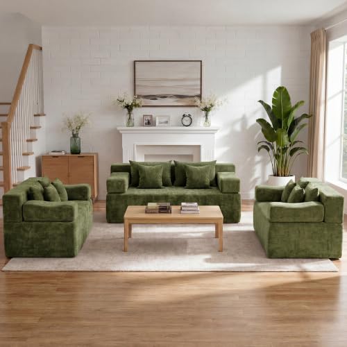 Image of MONVANE 3-Piece Boneless Loveseat Couch Set for Living Room, Oversized Modular Sectional Sofa Set with Removable Armrests, Comfy Chenille Cloud Couch with 12 Pillows, No Assembly Required, Green